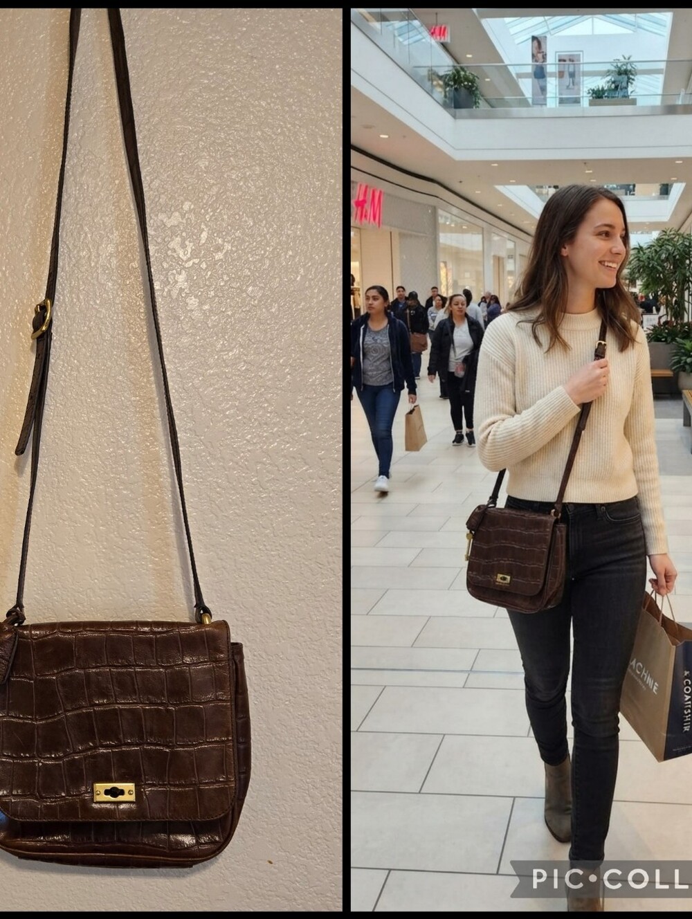 Fossil //Brown Croc-Embossed Leather Crossbody Bag
